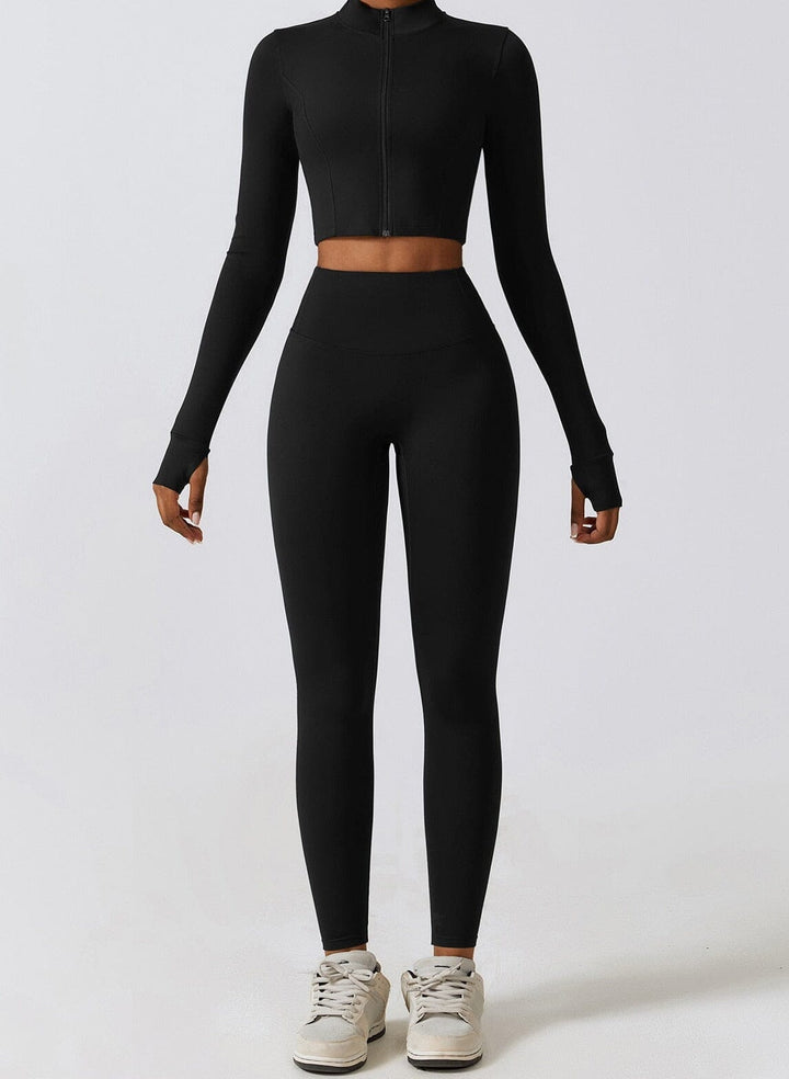 Chic Three-Piece Coat Ensemble - Stylish Leggings & Top Combo