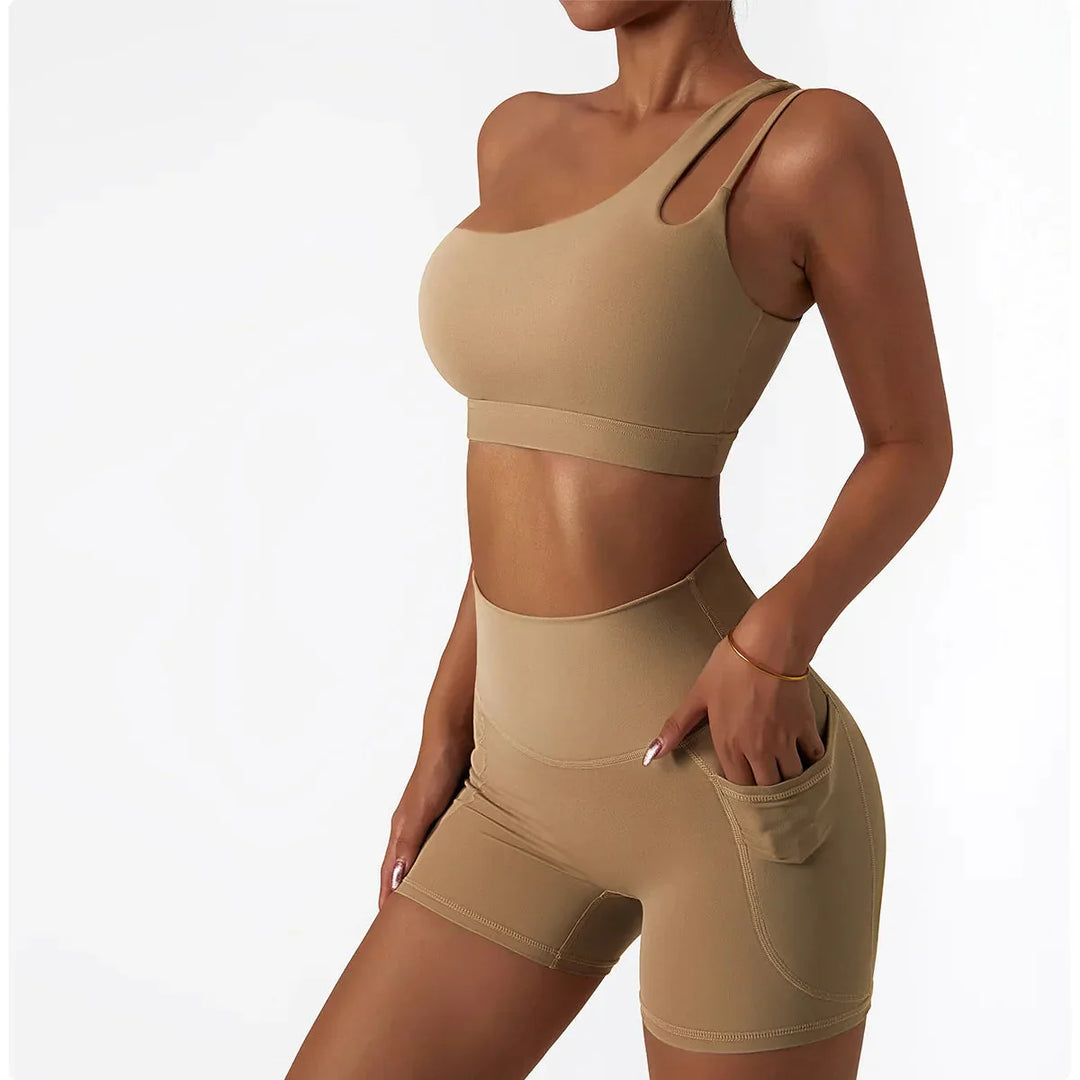Elevate Your Workout with the Depth One-Shoulder Seamless Yoga Set - Stylish Shorts & Top Combo