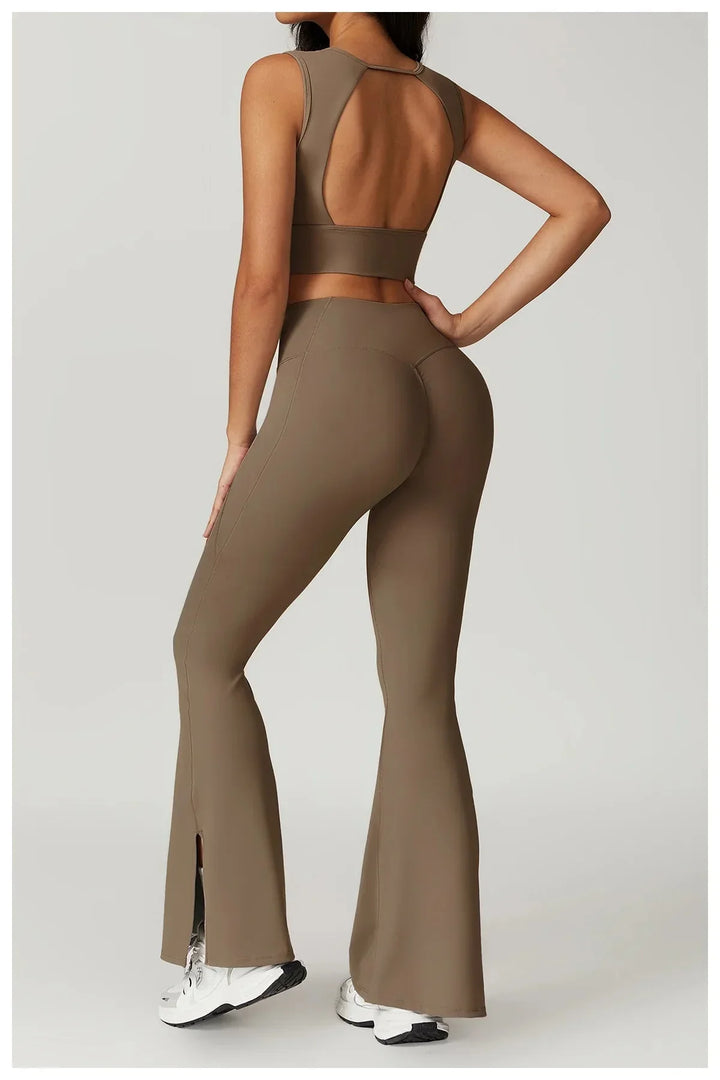 Chic Backless & Flared Performance Ensemble - Leggings & Top Combo