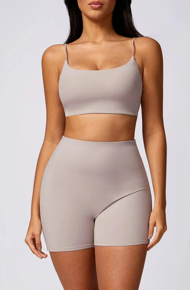 Foxy Fitness Duo: Sleek Thin Strap Gym Set in Shorts & Top