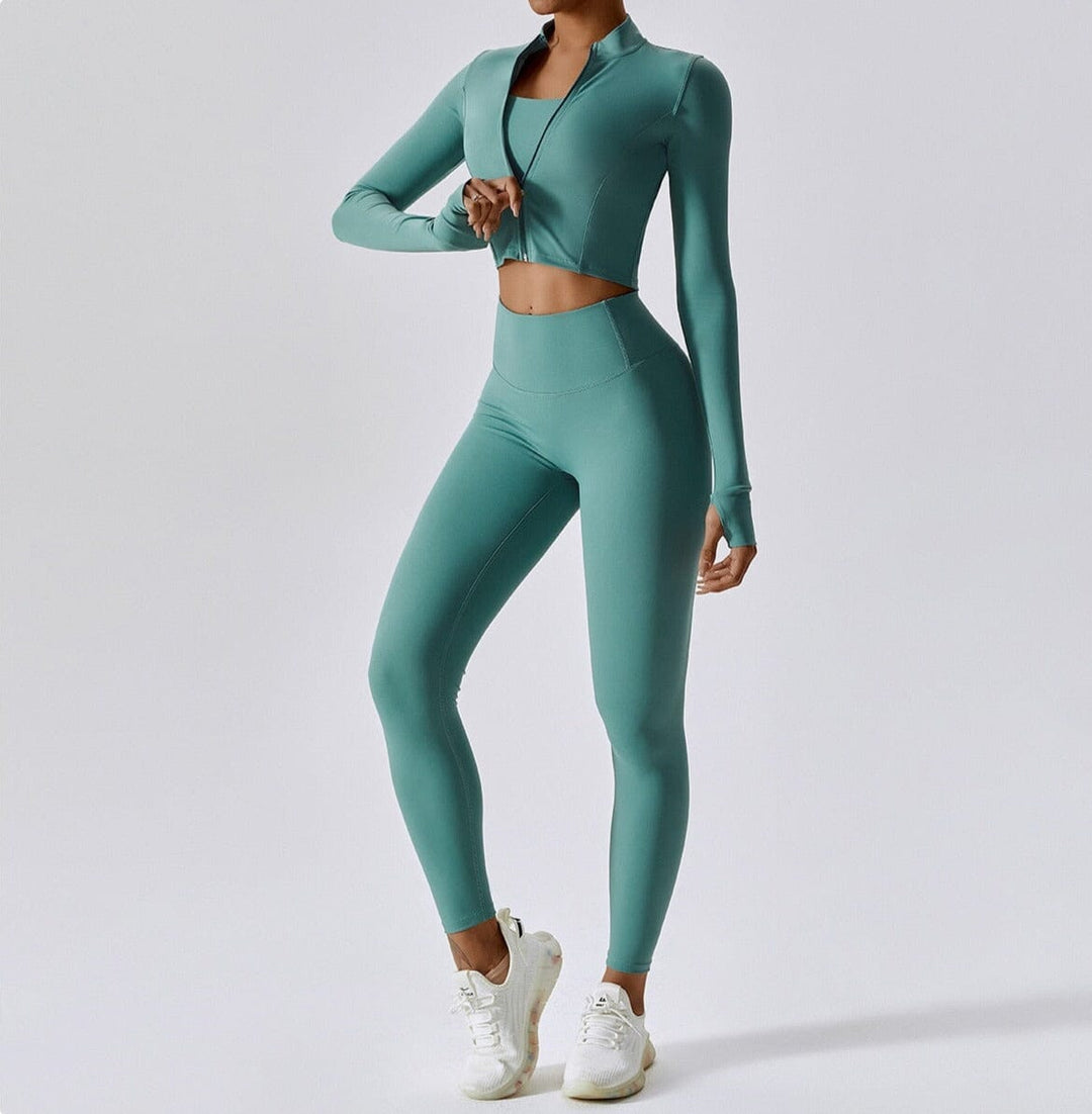 Elevate Your Workout: Power Scrunch Trio Set - Stylish Leggings, Chic Top & Cozy Jacket