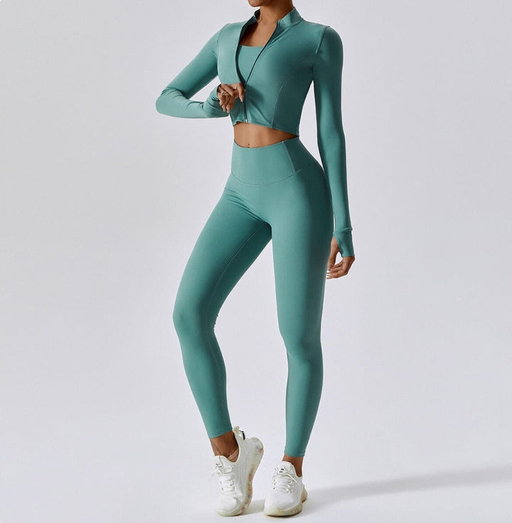 Elevate Your Workout: Power Scrunch Trio Set - Stylish Leggings, Chic Top & Cozy Jacket