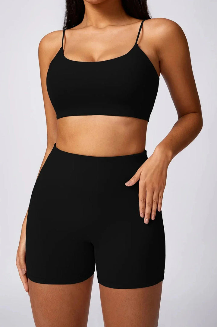 Foxy Fitness Duo: Sleek Thin Strap Gym Set in Shorts & Top