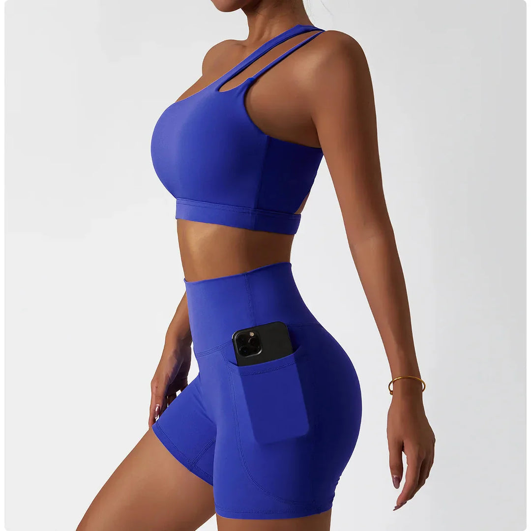 Elevate Your Workout with the Depth One-Shoulder Seamless Yoga Set - Stylish Shorts & Top Combo