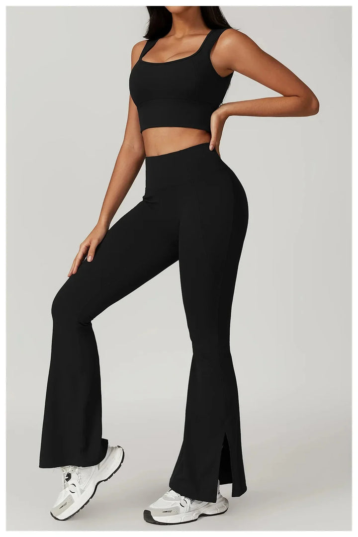 Chic Backless & Flared Performance Ensemble - Leggings & Top Combo