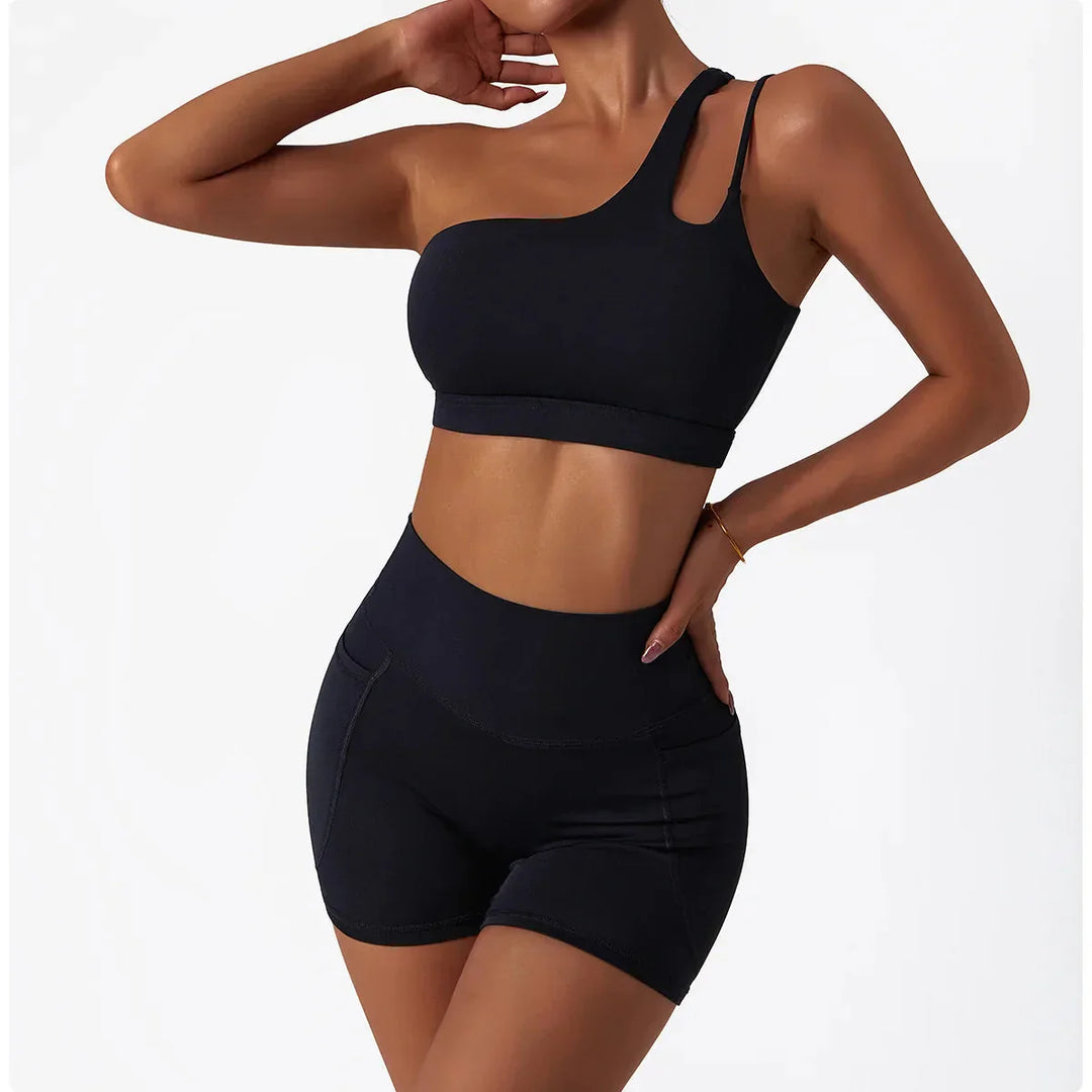 Elevate Your Workout with the Depth One-Shoulder Seamless Yoga Set - Stylish Shorts & Top Combo