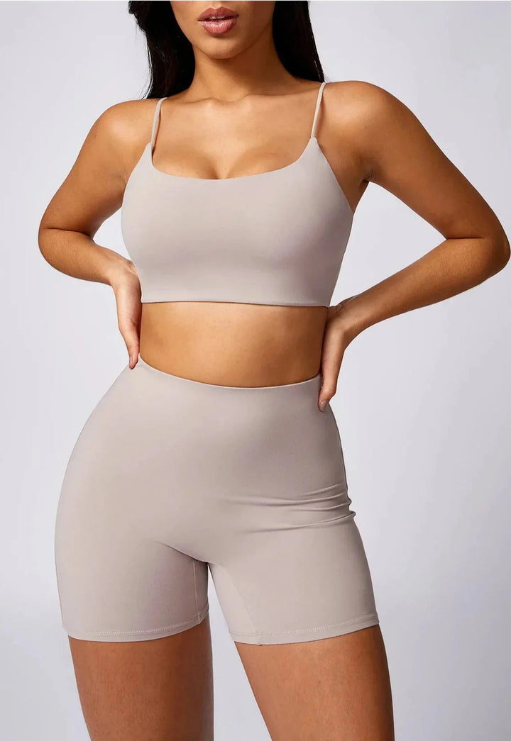 Foxy Fitness Duo: Sleek Thin Strap Gym Set in Shorts & Top
