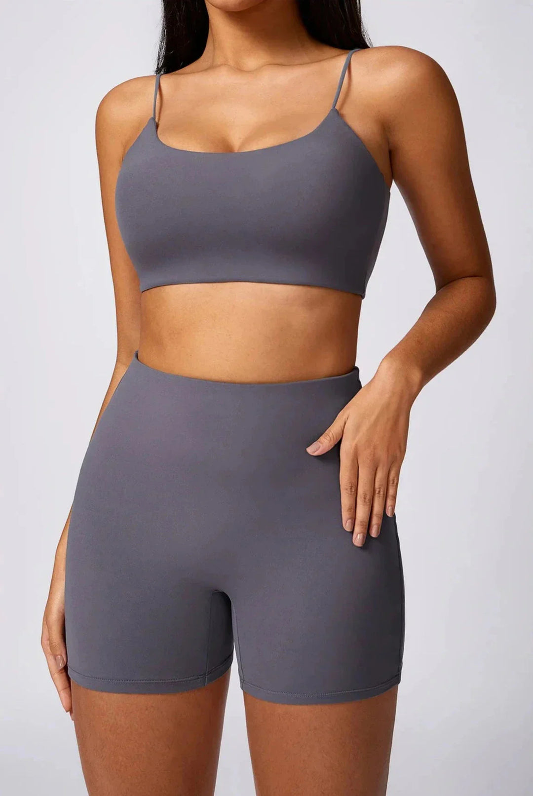 Foxy Fitness Duo: Sleek Thin Strap Gym Set in Shorts & Top