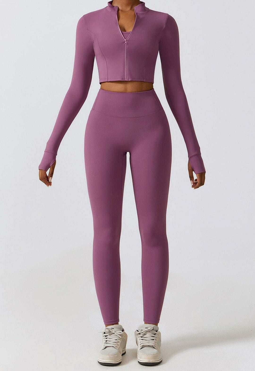 Chic Three-Piece Coat Ensemble - Stylish Leggings & Top Combo
