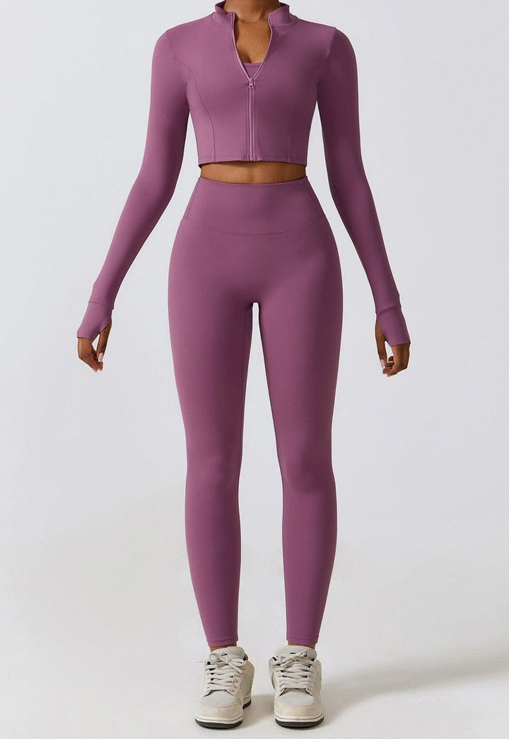 Chic Three-Piece Coat Ensemble - Stylish Leggings & Top Combo