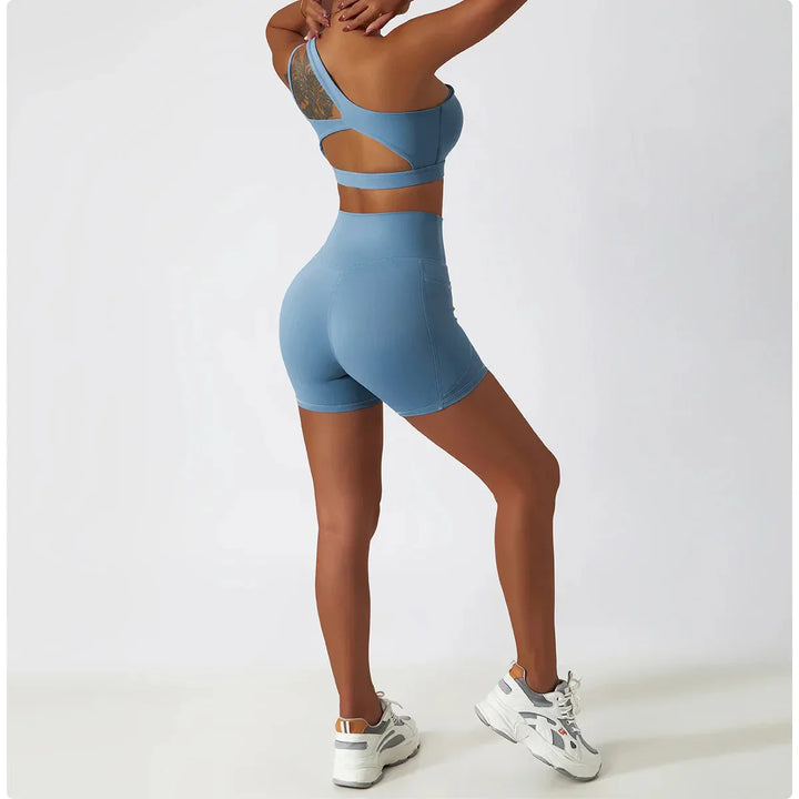 Elevate Your Workout with the Depth One-Shoulder Seamless Yoga Set - Stylish Shorts & Top Combo