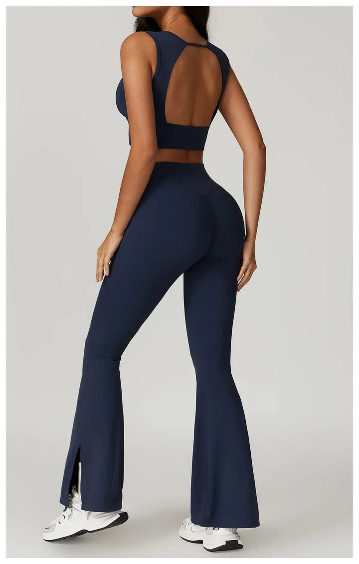 Chic Backless & Flared Performance Ensemble - Leggings & Top Combo