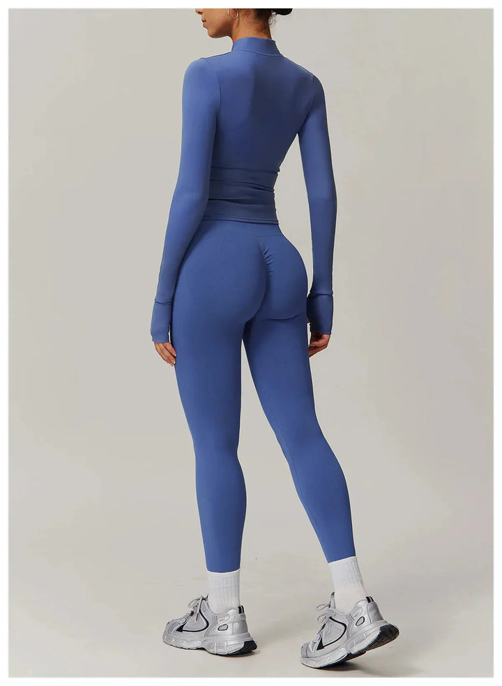 Stylish Engraved Seamless Gym Set - Leggings & Long Sleeve Top Combo