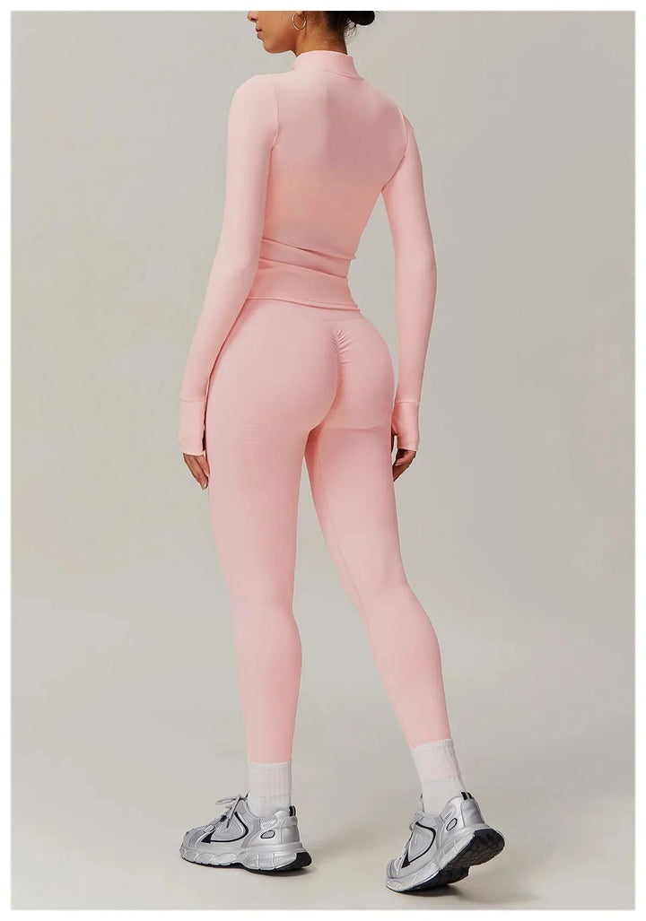 Stylish Engraved Seamless Gym Set - Leggings & Long Sleeve Top Combo