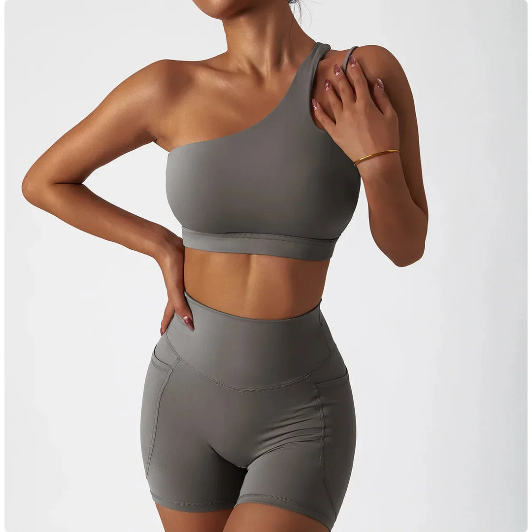 Elevate Your Workout with the Depth One-Shoulder Seamless Yoga Set - Stylish Shorts & Top Combo