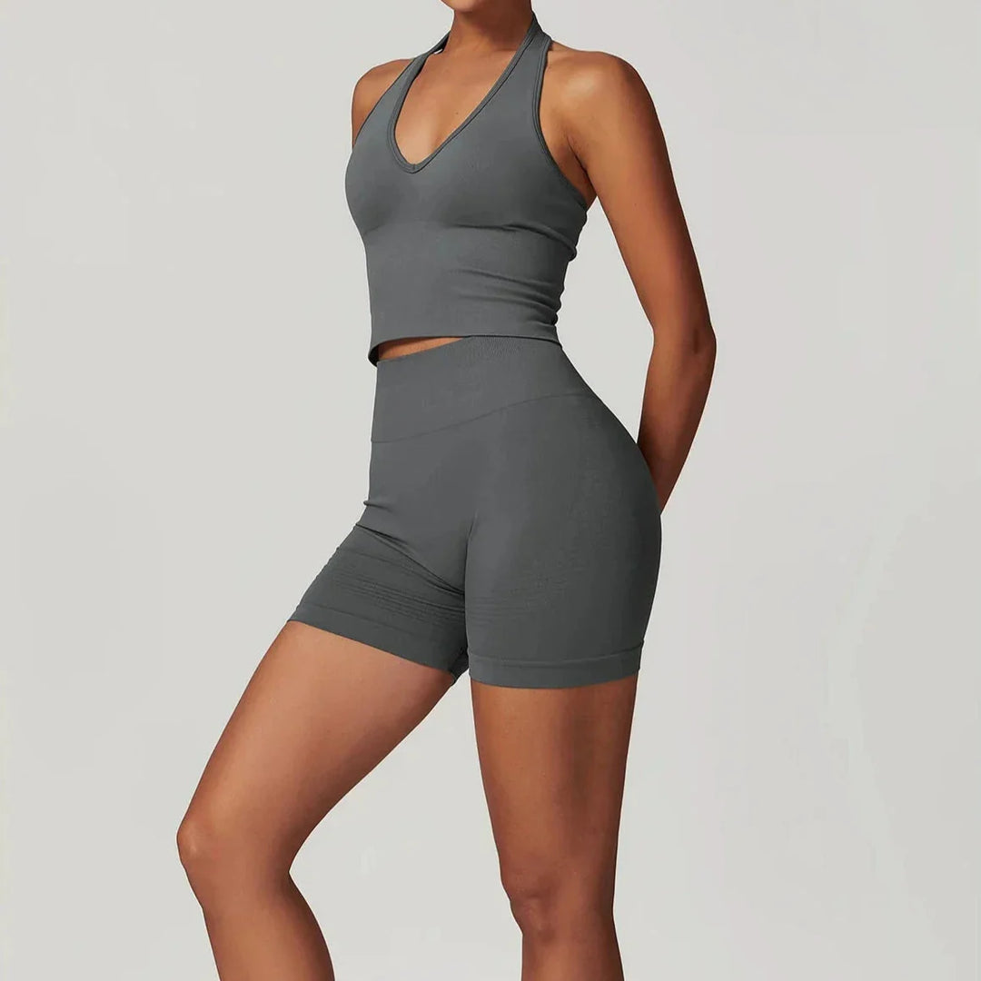 Elevate Your Workout with the Momentum Seamless V-line Gym Set - Includes Stylish Shorts and Top!