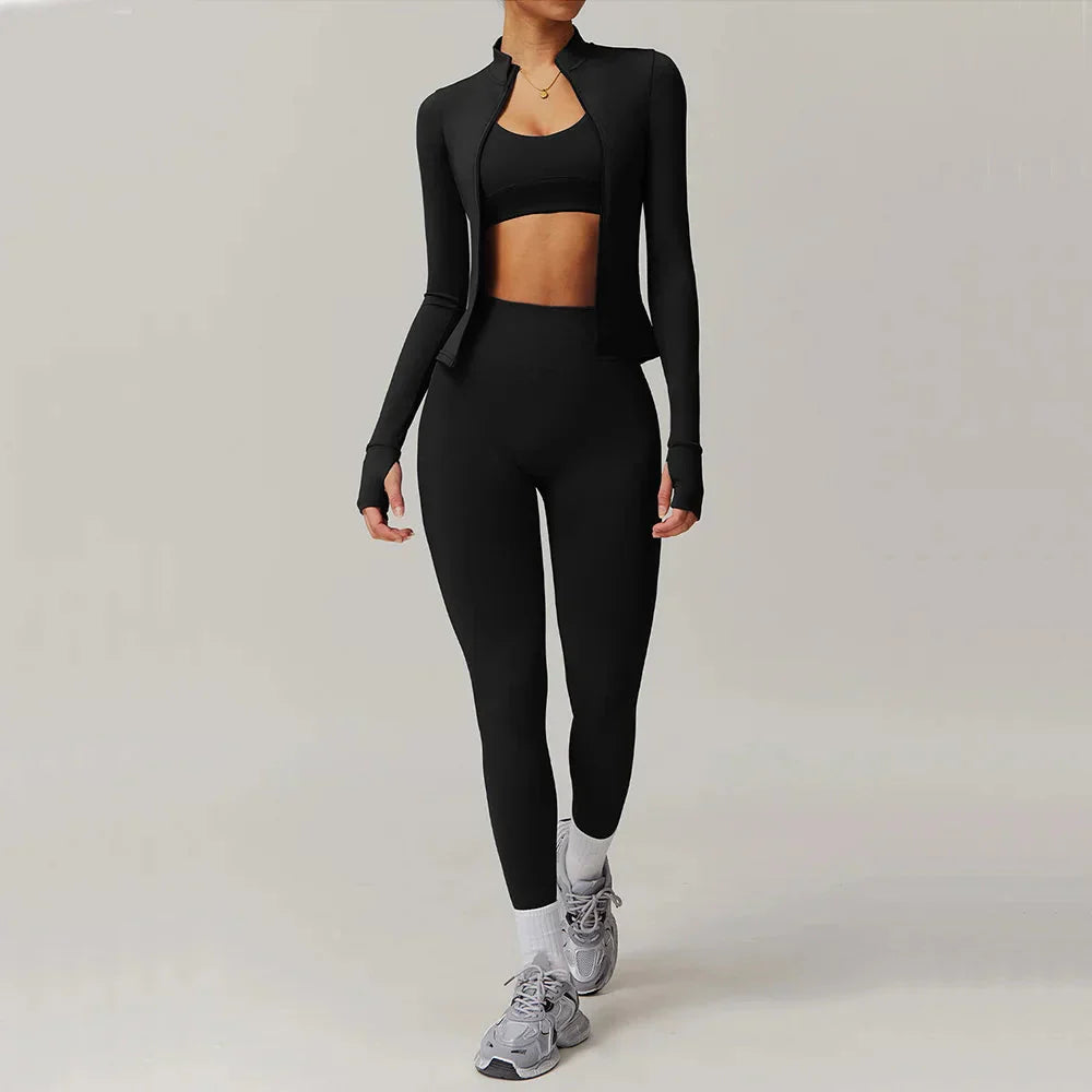 Stylish Engraved Seamless Gym Set - Leggings & Long Sleeve Top Combo