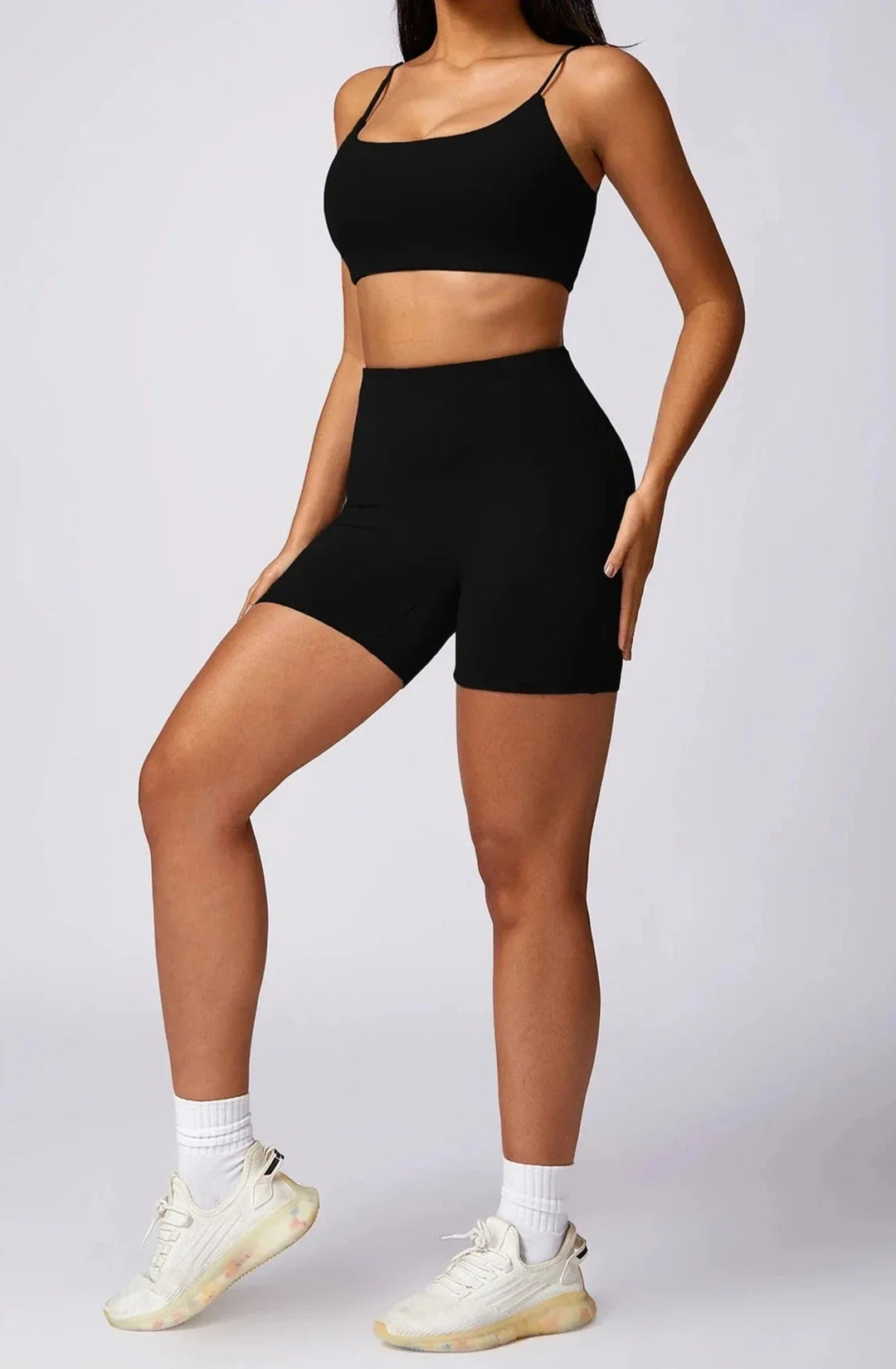 Foxy Fitness Duo: Sleek Thin Strap Gym Set in Shorts & Top