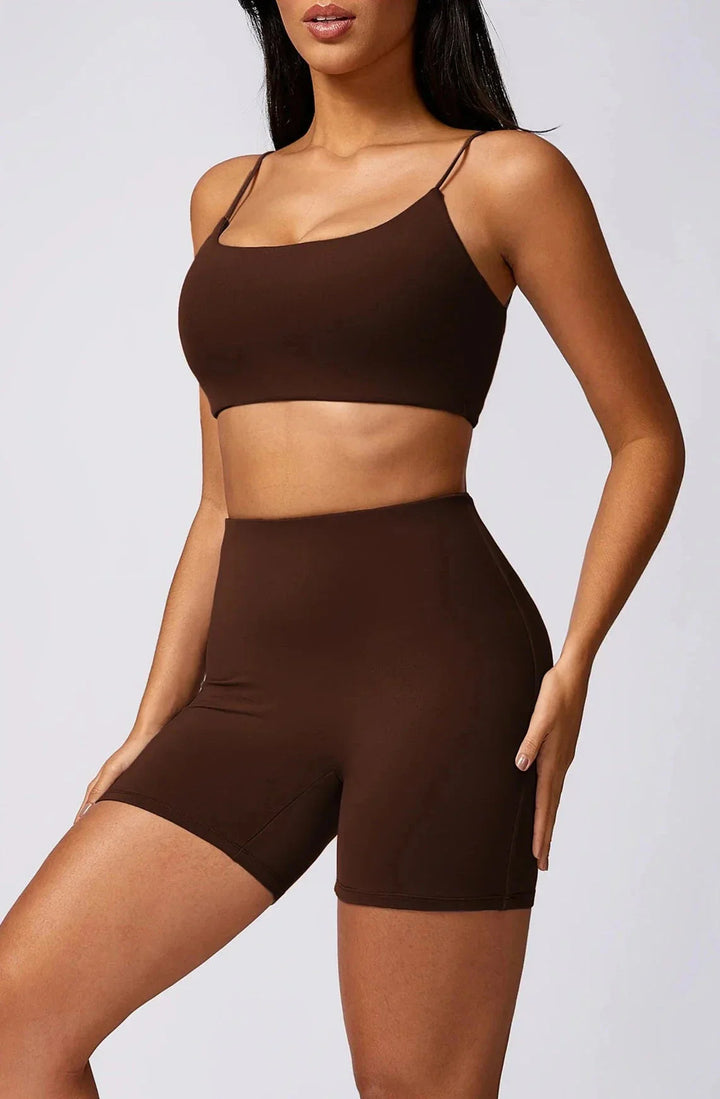 Foxy Fitness Duo: Sleek Thin Strap Gym Set in Shorts & Top