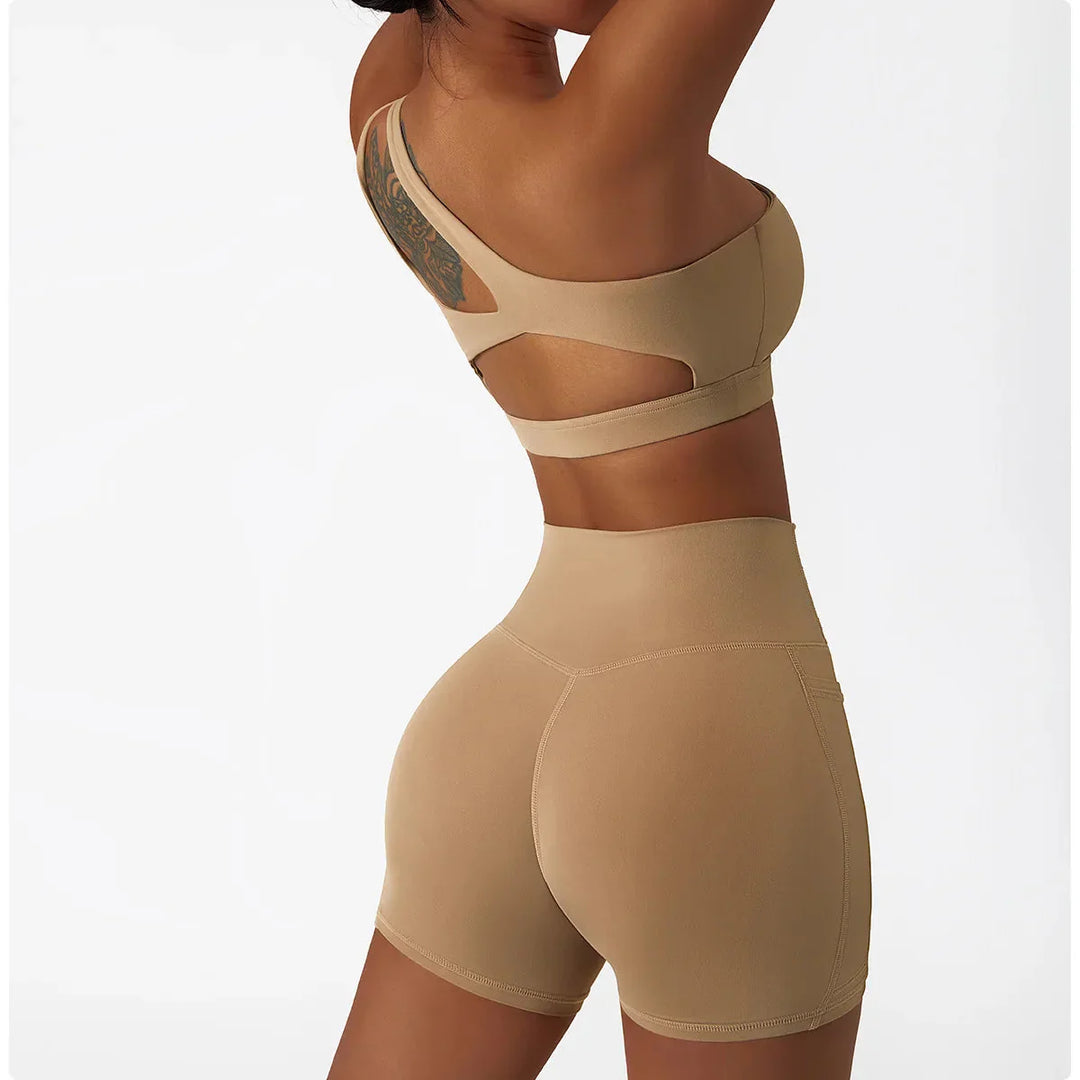 Elevate Your Workout with the Depth One-Shoulder Seamless Yoga Set - Stylish Shorts & Top Combo