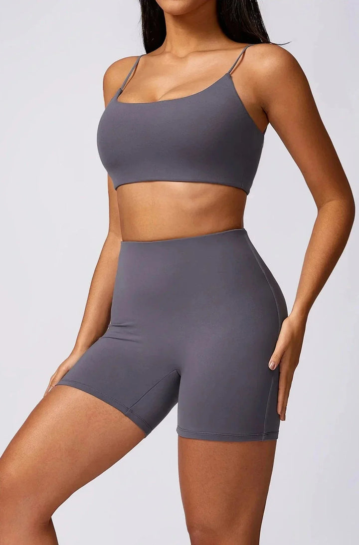 Foxy Fitness Duo: Sleek Thin Strap Gym Set in Shorts & Top