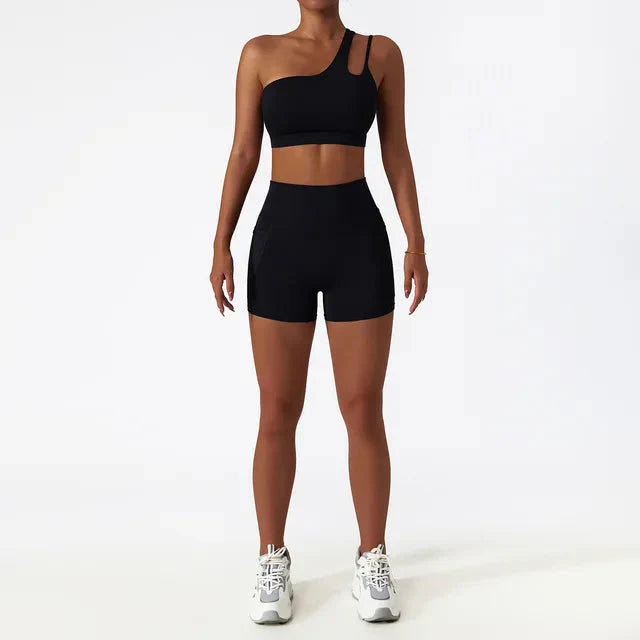 Elevate Your Workout with the Depth One-Shoulder Seamless Yoga Set - Stylish Shorts & Top Combo