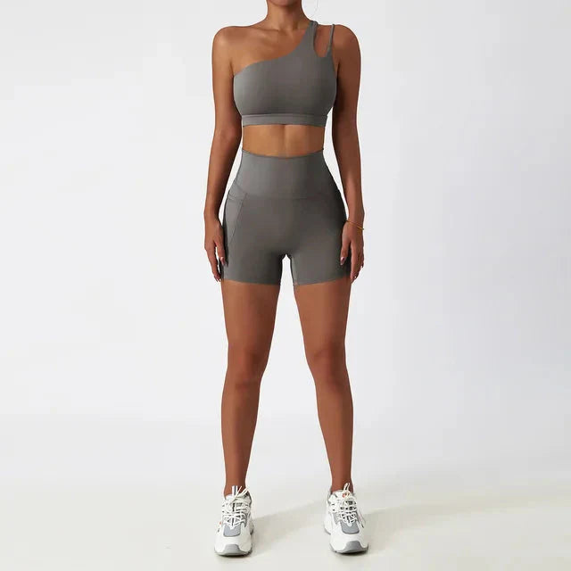 Elevate Your Workout with the Depth One-Shoulder Seamless Yoga Set - Stylish Shorts & Top Combo