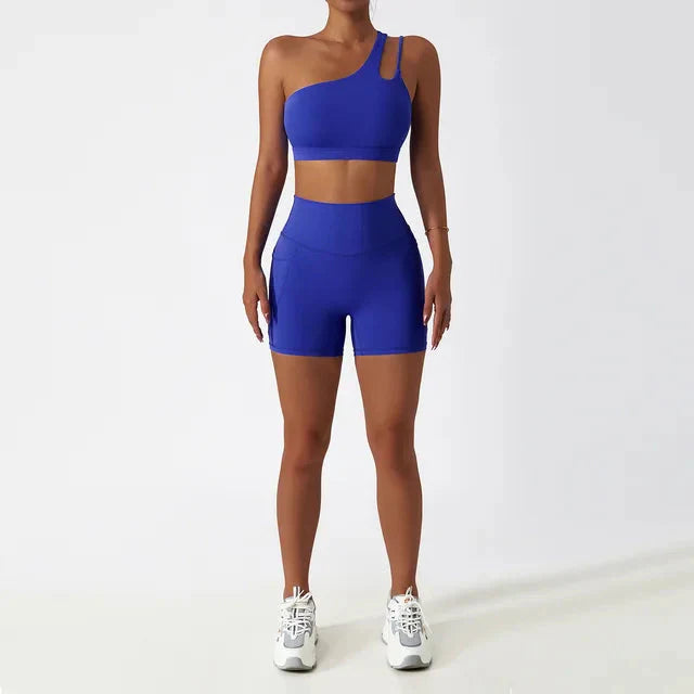 Elevate Your Workout with the Depth One-Shoulder Seamless Yoga Set - Stylish Shorts & Top Combo