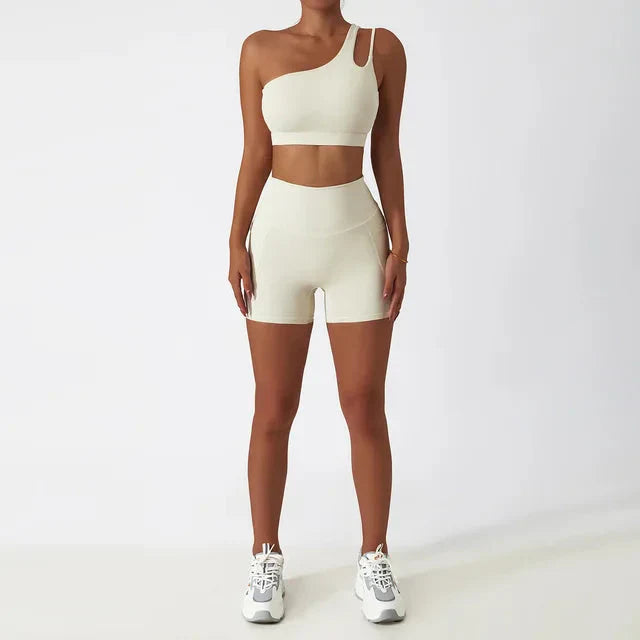 Elevate Your Workout with the Depth One-Shoulder Seamless Yoga Set - Stylish Shorts & Top Combo