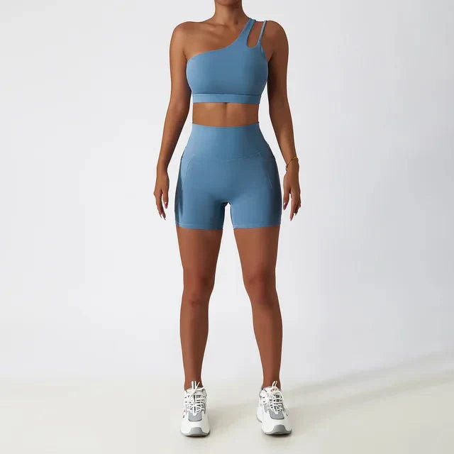 Elevate Your Workout with the Depth One-Shoulder Seamless Yoga Set - Stylish Shorts & Top Combo