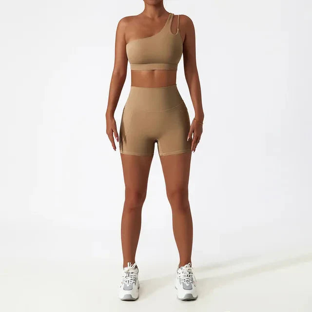 Elevate Your Workout with the Depth One-Shoulder Seamless Yoga Set - Stylish Shorts & Top Combo