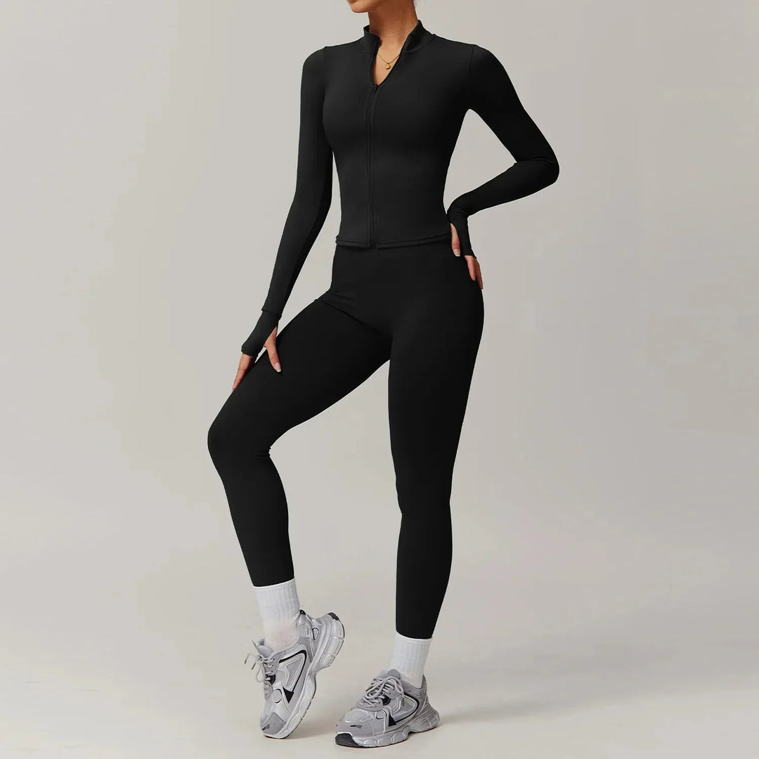 Stylish Engraved Seamless Gym Set - Leggings & Long Sleeve Top Combo