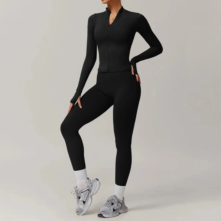 Stylish Engraved Seamless Gym Set - Leggings & Long Sleeve Top Combo