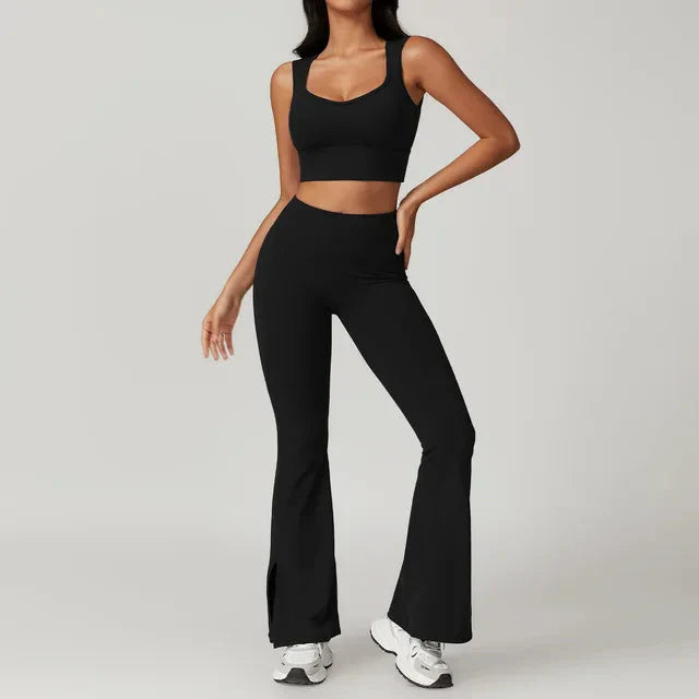 Chic Backless & Flared Performance Ensemble - Leggings & Top Combo