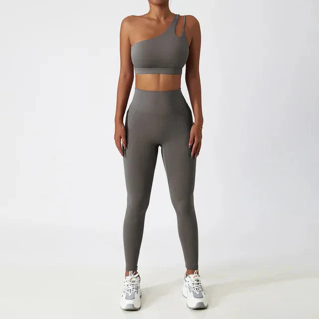 Elevate Your Workout: Stylish One-Shoulder Yoga Set with Leggings and Crop Top