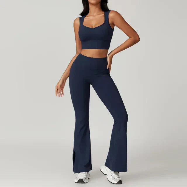 Chic Backless & Flared Performance Ensemble - Leggings & Top Combo