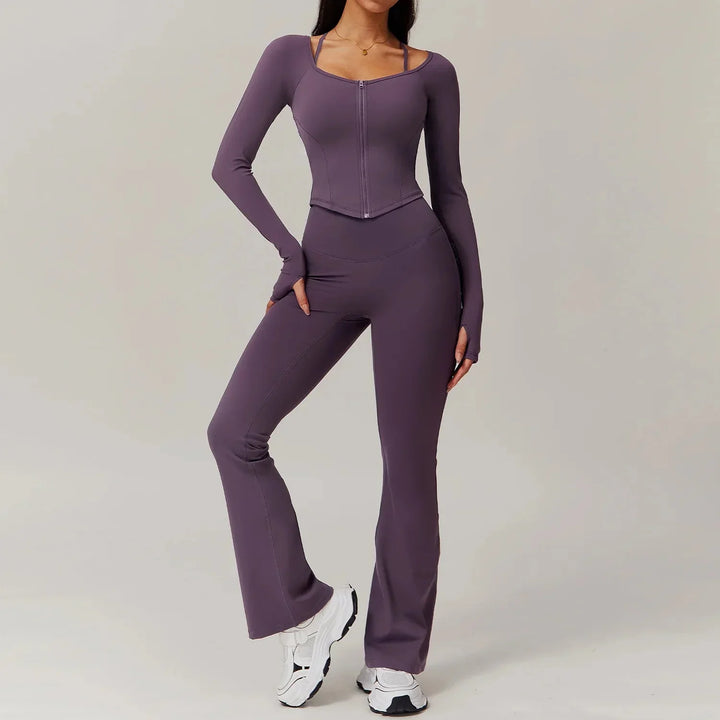 Ultimate Comfort Flared Gym Set - Stylish Leggings & Long Sleeve Top Combo